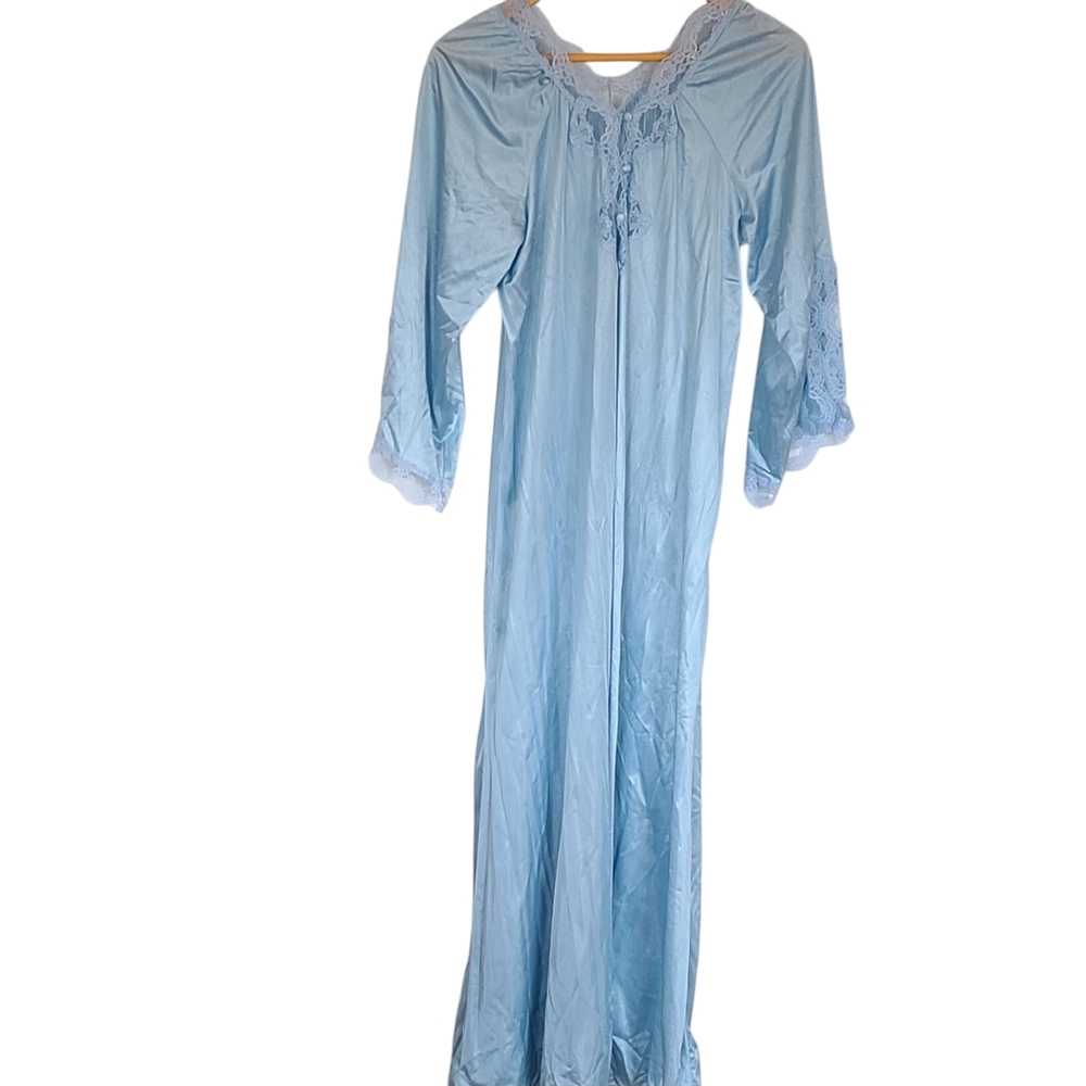 Mid century dressing gown robe Long Maxi Blue Large Nylon Victorian Classic